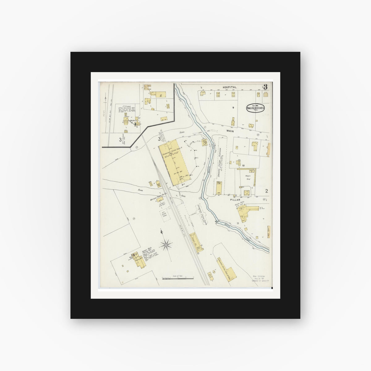 Old map wall art mockup — black gallery frame with white mat — Sanborn Fire Insurance Map from Nacogdoches, Nacogdoches County, Texas (1896), Sheet #0003