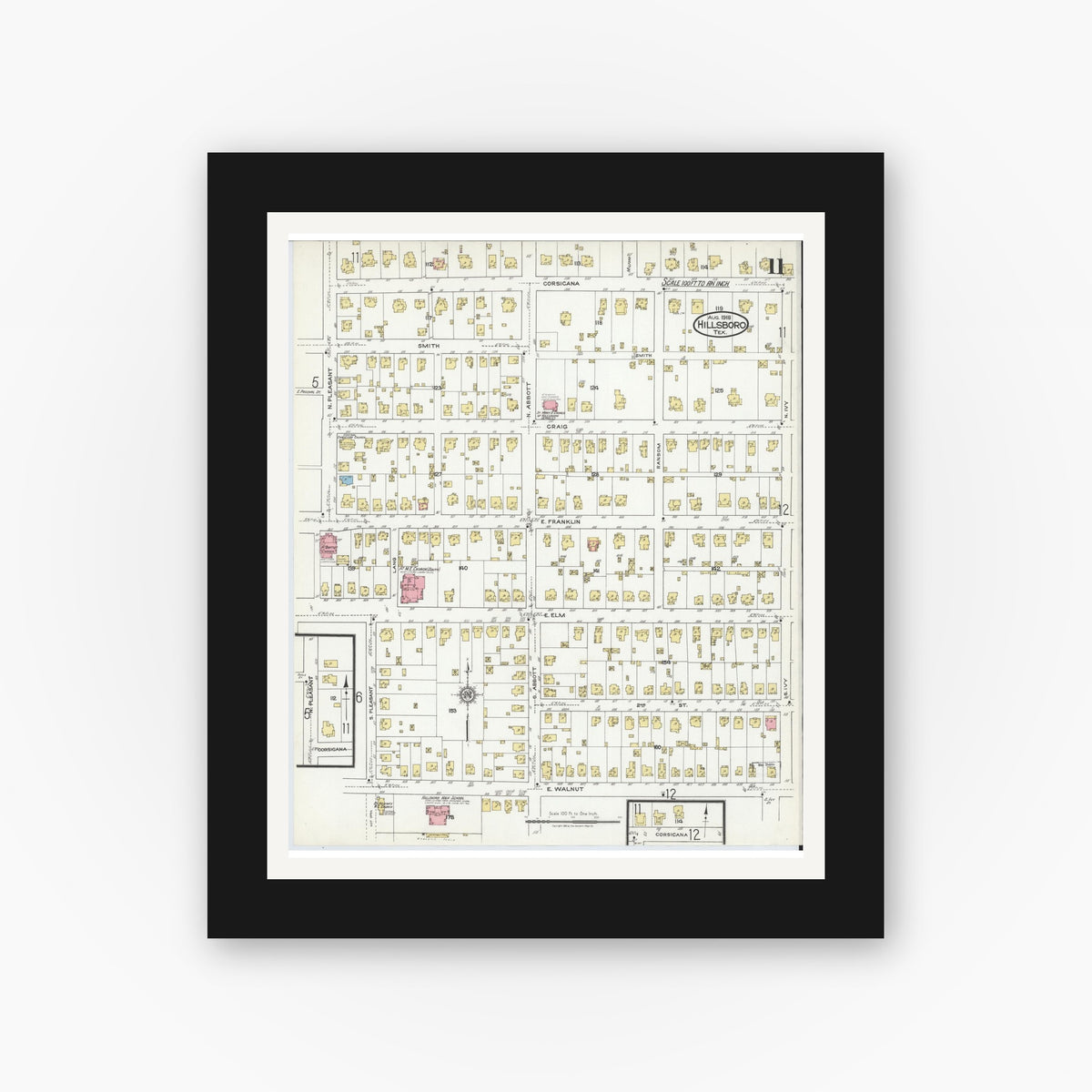 Old map wall art mockup — black gallery frame with white mat — Sanborn Fire Insurance Map from Hillsboro, Hill County, Texas (1918), Sheet #0011