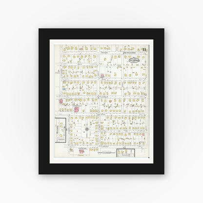Old map wall art mockup — black gallery frame with white mat — Sanborn Fire Insurance Map from Hillsboro, Hill County, Texas (1918), Sheet #0011