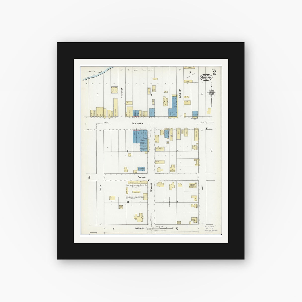 Old map wall art mockup — black gallery frame with white mat — Sanborn Fire Insurance Map from Menard, Menard County, Texas (1921), Sheet #0002