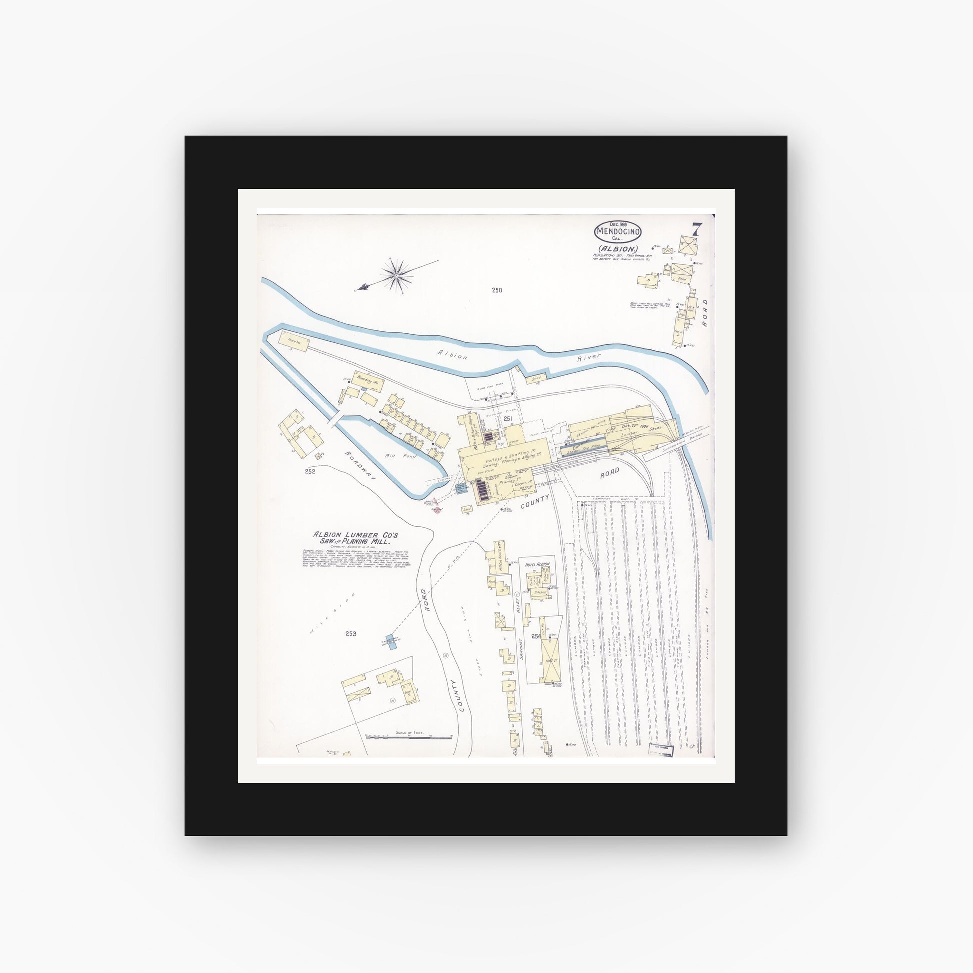 Old map wall art mockup — black gallery frame with white mat — Sanborn Fire Insurance Map from Mendocino, Mendocino County, California (1898), Sheet #0007