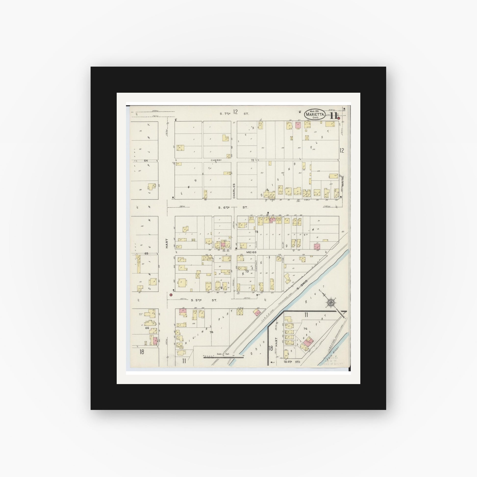 Old map wall art mockup — black gallery frame with white mat — Sanborn Fire Insurance Map from Marietta, Washington County, Ohio (1915), Sheet #0011