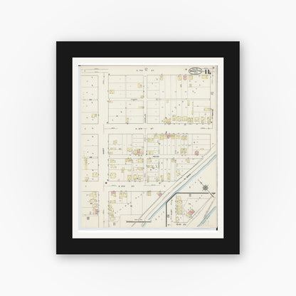 Old map wall art mockup — black gallery frame with white mat — Sanborn Fire Insurance Map from Marietta, Washington County, Ohio (1915), Sheet #0011