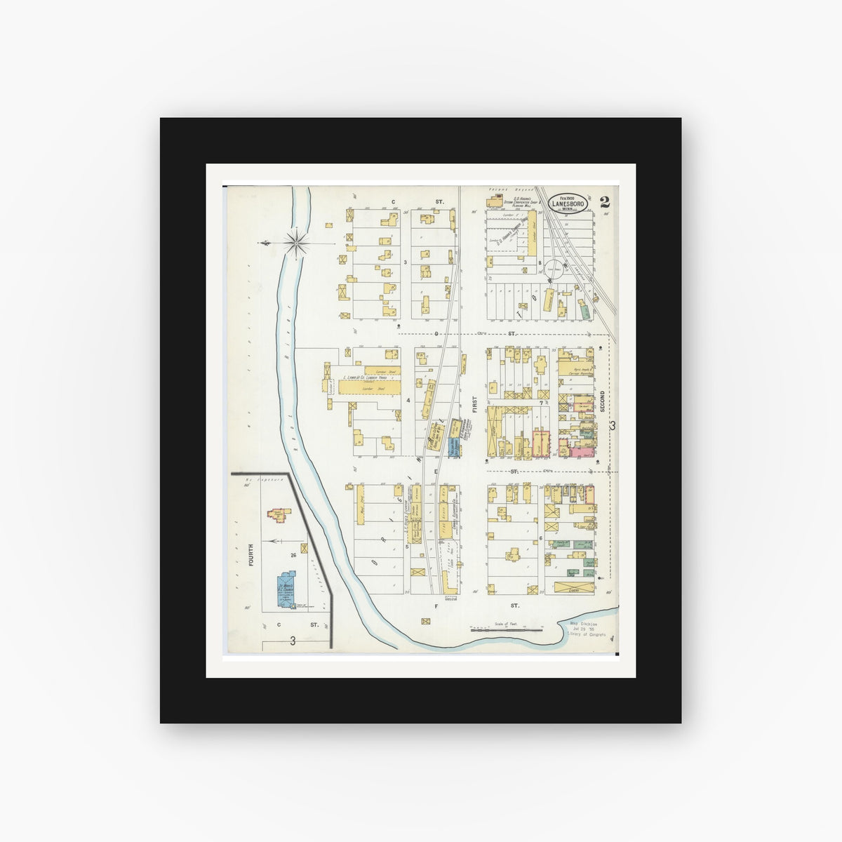 Old map wall art mockup — black gallery frame with white mat — Sanborn Fire Insurance Map from Lanesboro, Fillmore County, Minnesota (1900), Sheet #0002