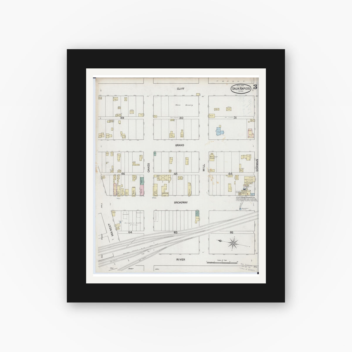 Old map wall art mockup — black gallery frame with white mat — Sanborn Fire Insurance Map from Sauk Rapids, Benton County, Minnesota (1889), Sheet #0003