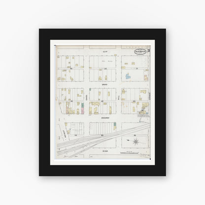 Old map wall art mockup — black gallery frame with white mat — Sanborn Fire Insurance Map from Sauk Rapids, Benton County, Minnesota (1889), Sheet #0003