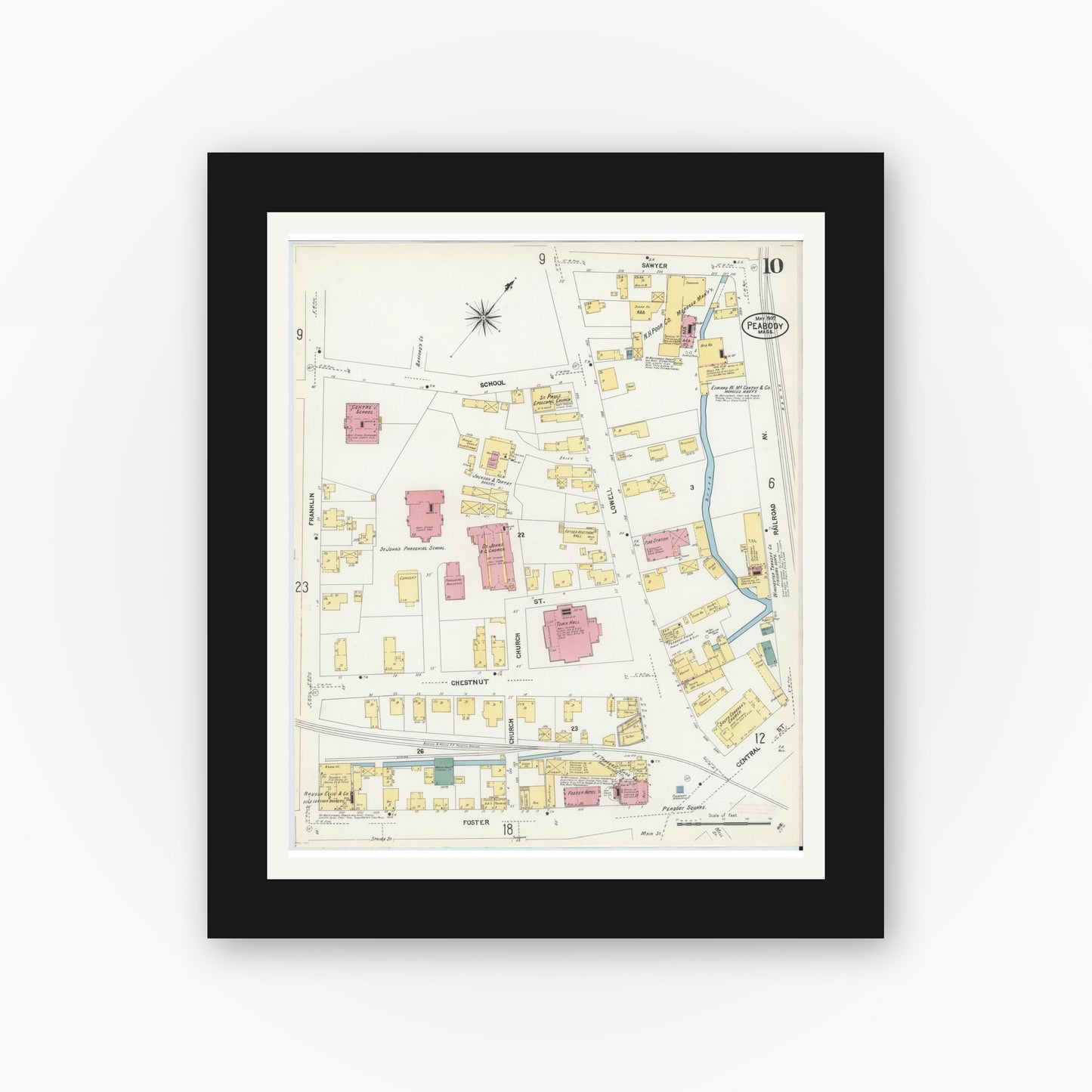 Old map wall art mockup — black gallery frame with white mat — Sanborn Fire Insurance Map from Peabody, Essex County, Massachusetts (1907), Sheet #0010