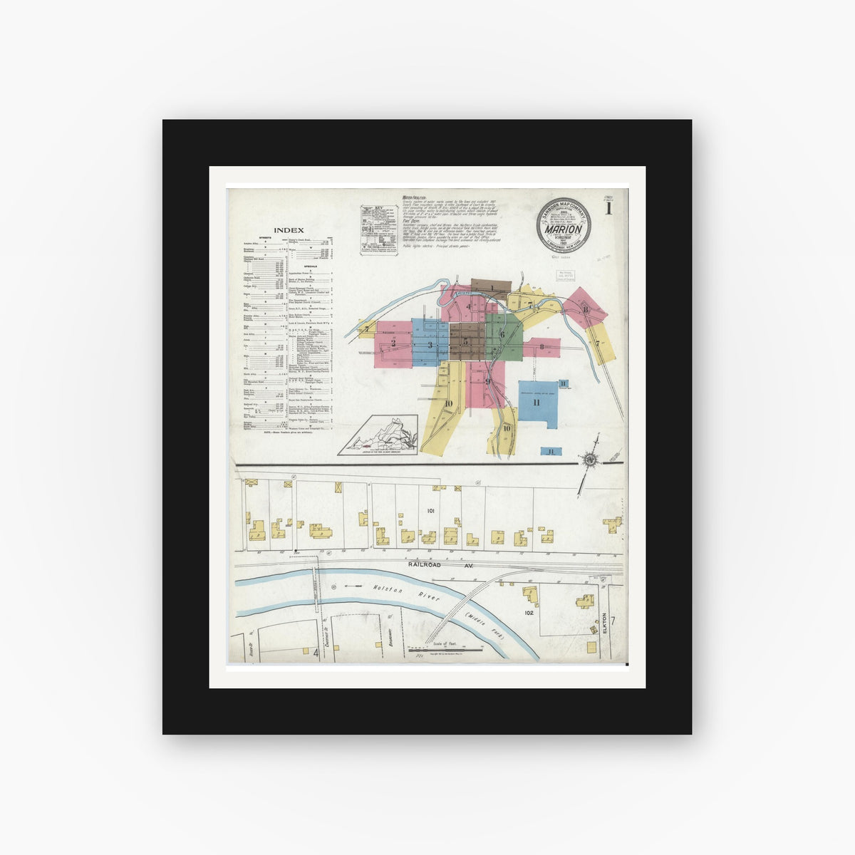 Old map wall art mockup — black gallery frame with white mat — Sanborn Fire Insurance Map from Marion, Smyth County, Virginia (1921) - Complete Map Set
