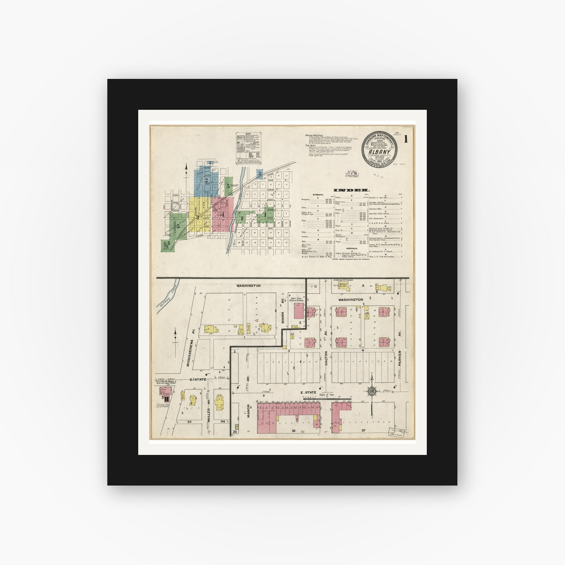 Old map wall art mockup — black gallery frame with white mat — Sanborn Fire Insurance Map from Albany, Delaware County, Indiana (1910), Sheet #0001