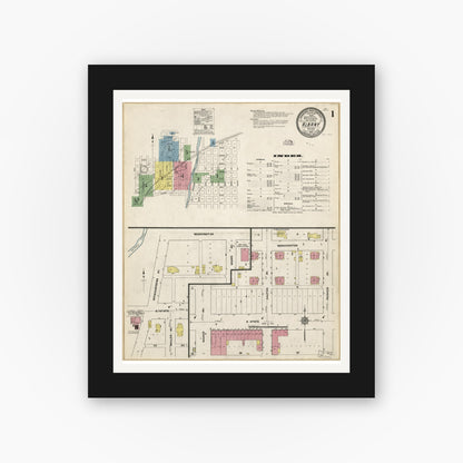 Old map wall art mockup — black gallery frame with white mat — Sanborn Fire Insurance Map from Albany, Delaware County, Indiana (1910), Sheet #0001