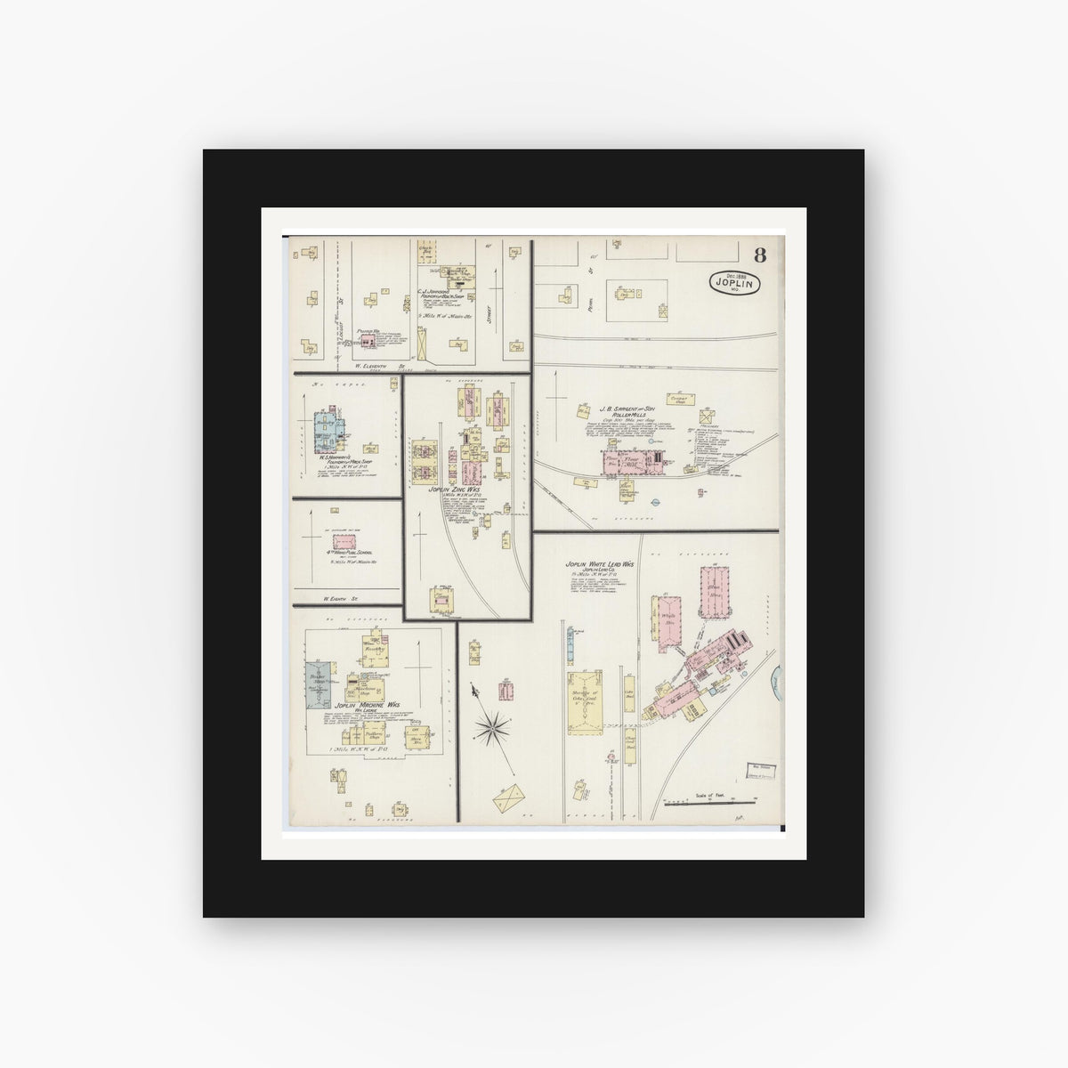 Old map wall art mockup — black gallery frame with white mat — Sanborn Fire Insurance Map from Joplin, Jasper County, Missouri (1888), Sheet #0008
