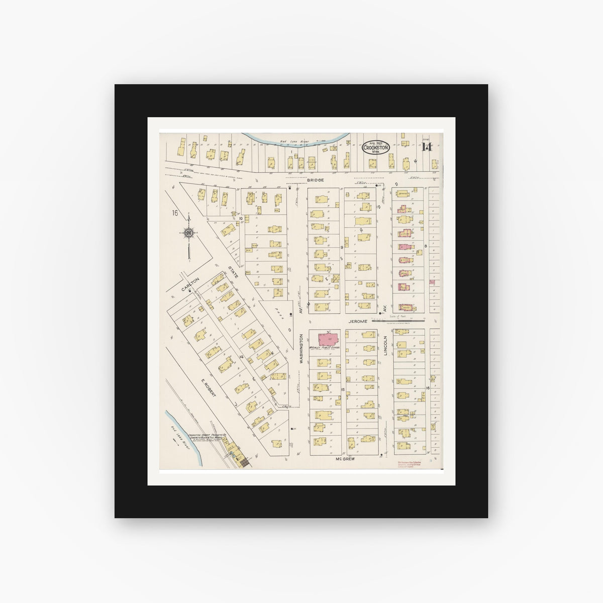 Old map wall art mockup — black gallery frame with white mat — Sanborn Fire Insurance Map from Crookston, Polk County, Minnesota (1922), Sheet #0014
