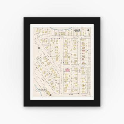 Old map wall art mockup — black gallery frame with white mat — Sanborn Fire Insurance Map from Crookston, Polk County, Minnesota (1922), Sheet #0014