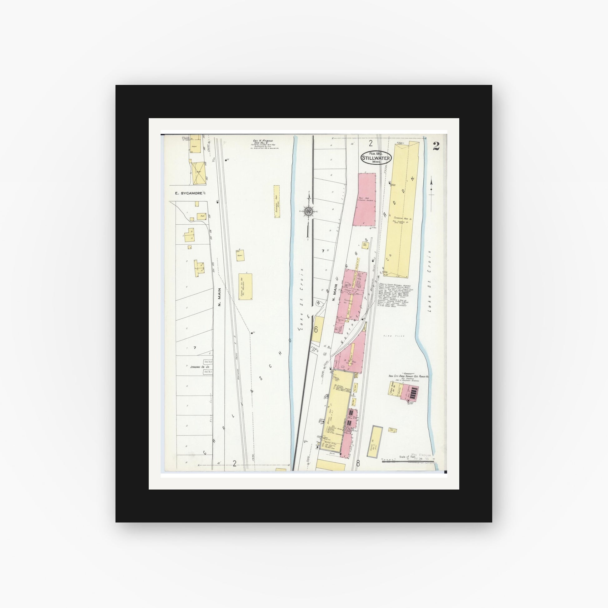Old map wall art mockup — black gallery frame with white mat — Sanborn Fire Insurance Map from Stillwater, Washington County, Minnesota (1910), Sheet #0002