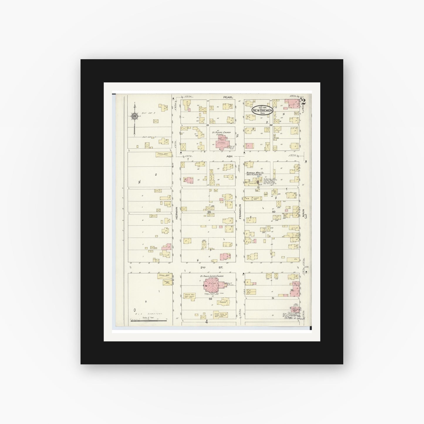 Old map wall art mockup — black gallery frame with white mat — Sanborn Fire Insurance Map from New Bremen, Auglaize County, Ohio (1914), Sheet #0002
