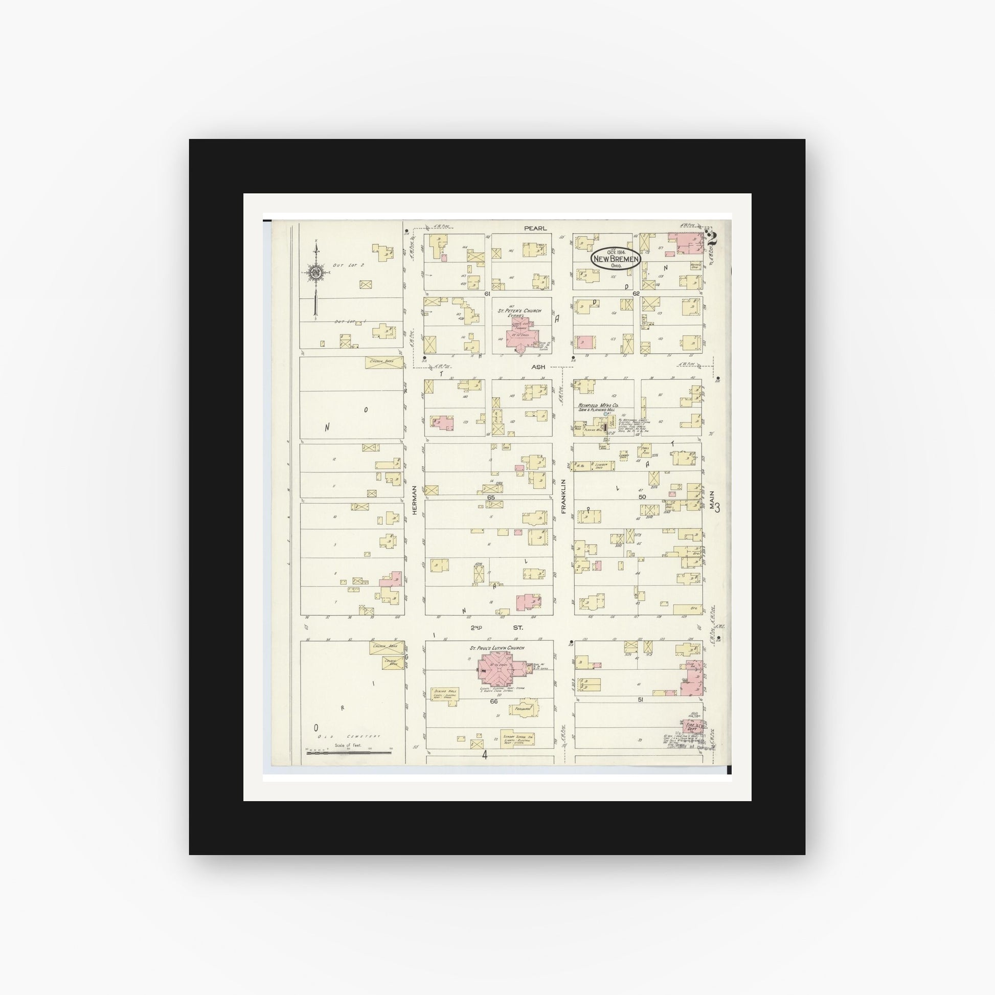 Old map wall art mockup — black gallery frame with white mat — Sanborn Fire Insurance Map from New Bremen, Auglaize County, Ohio (1914), Sheet #0002
