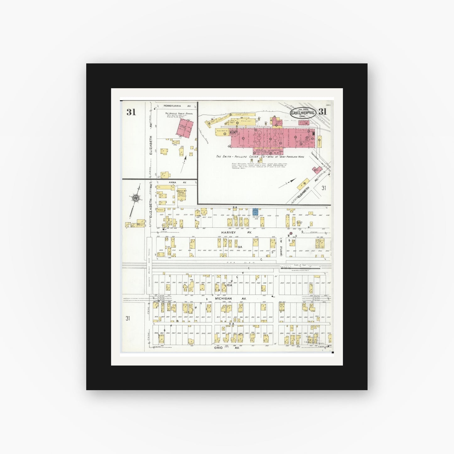 Old map wall art mockup — black gallery frame with white mat — Sanborn Fire Insurance Map from East Liverpool, Columbiana County, Ohio (1923), Sheet #0031