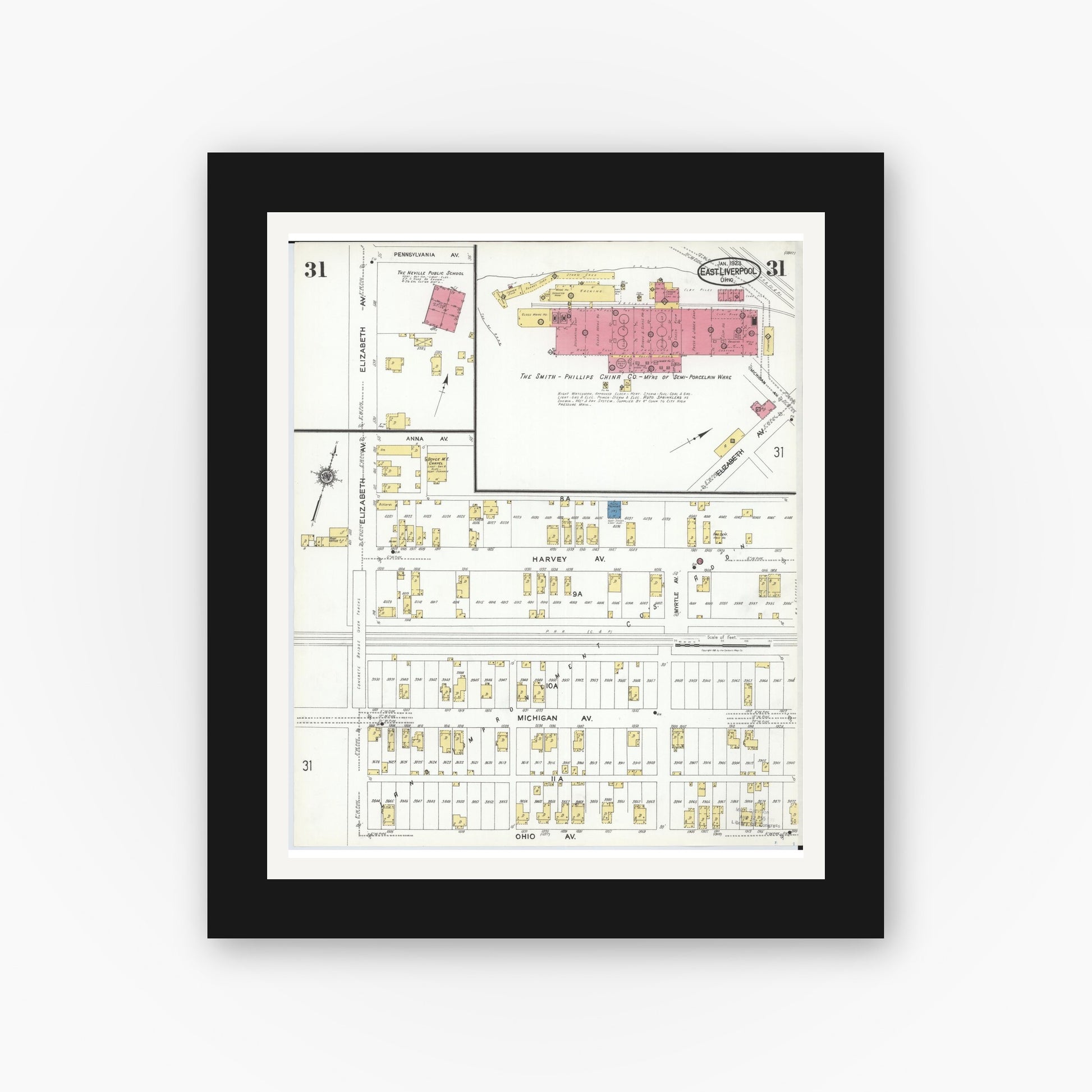 Old map wall art mockup — black gallery frame with white mat — Sanborn Fire Insurance Map from East Liverpool, Columbiana County, Ohio (1923), Sheet #0031