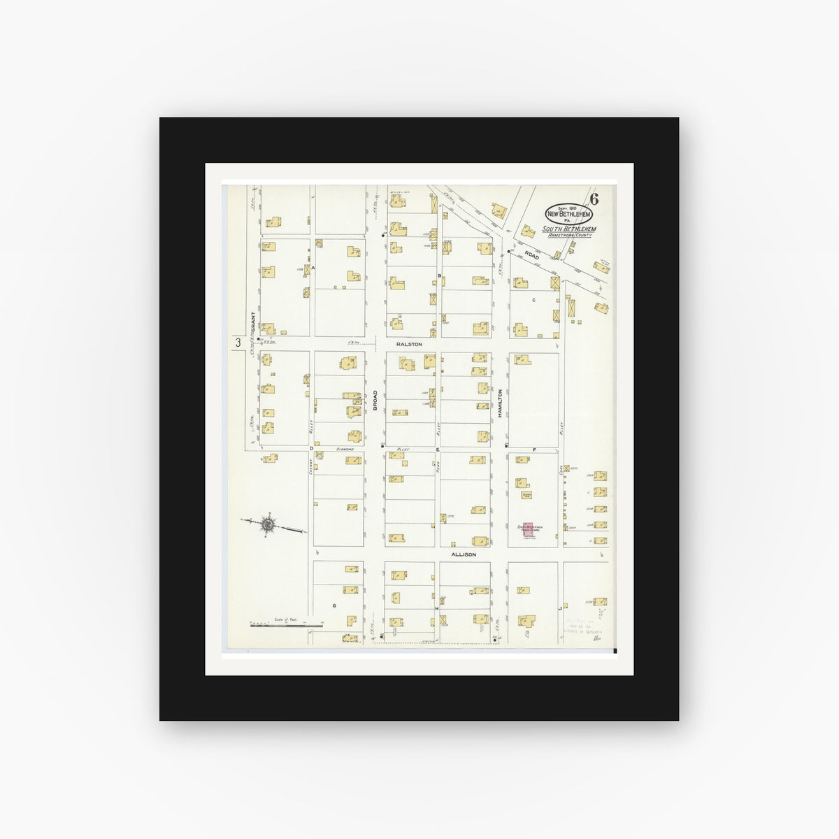 Old map wall art mockup — black gallery frame with white mat — Sanborn Fire Insurance Map from New Bethlehem, Clarion County, Pennsylvania (1910), Sheet #0006