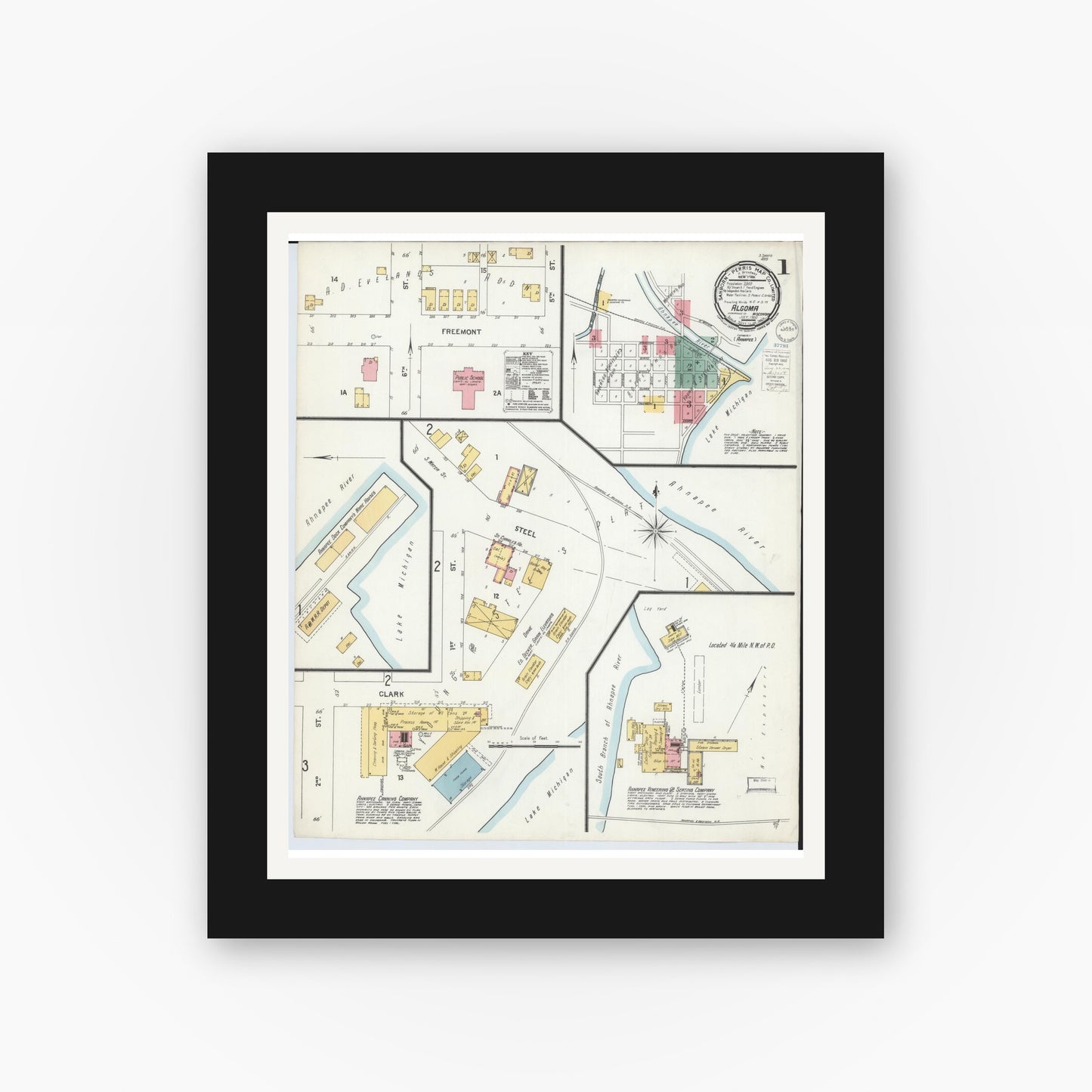 Old map wall art mockup — black gallery frame with white mat — Sanborn Fire Insurance Map from Algoma, Kewaunee County, Wisconsin (1900), Sheet #0001