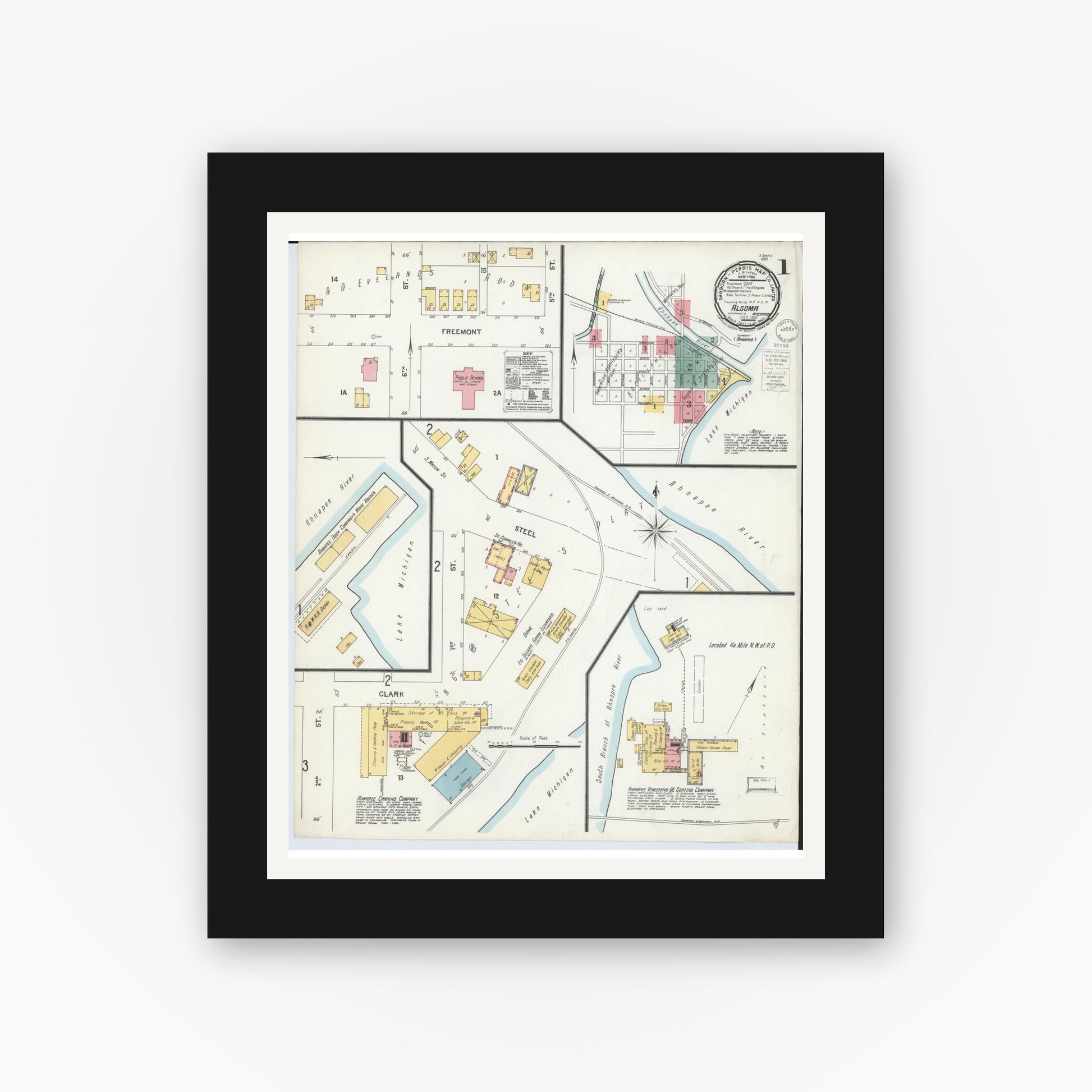 Old map wall art mockup — black gallery frame with white mat — Sanborn Fire Insurance Map from Algoma, Kewaunee County, Wisconsin (1900), Sheet #0001