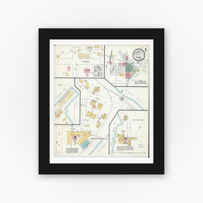 Old map wall art mockup — black gallery frame with white mat — Sanborn Fire Insurance Map from Algoma, Kewaunee County, Wisconsin (1900), Sheet #0001