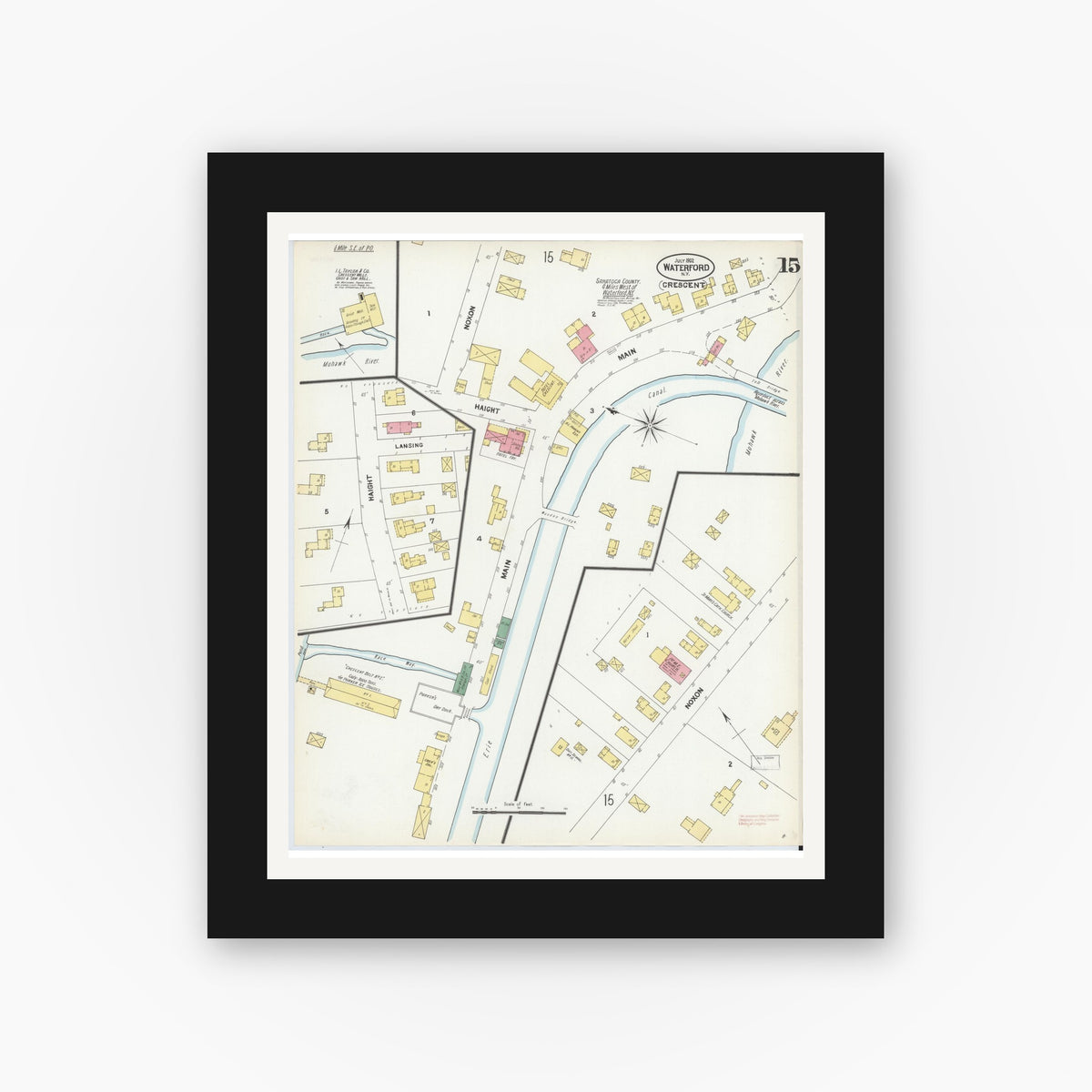 Old map wall art mockup — black gallery frame with white mat — Sanborn Fire Insurance Map from Waterford, Saratoga County, New York (1902), Sheet #0015