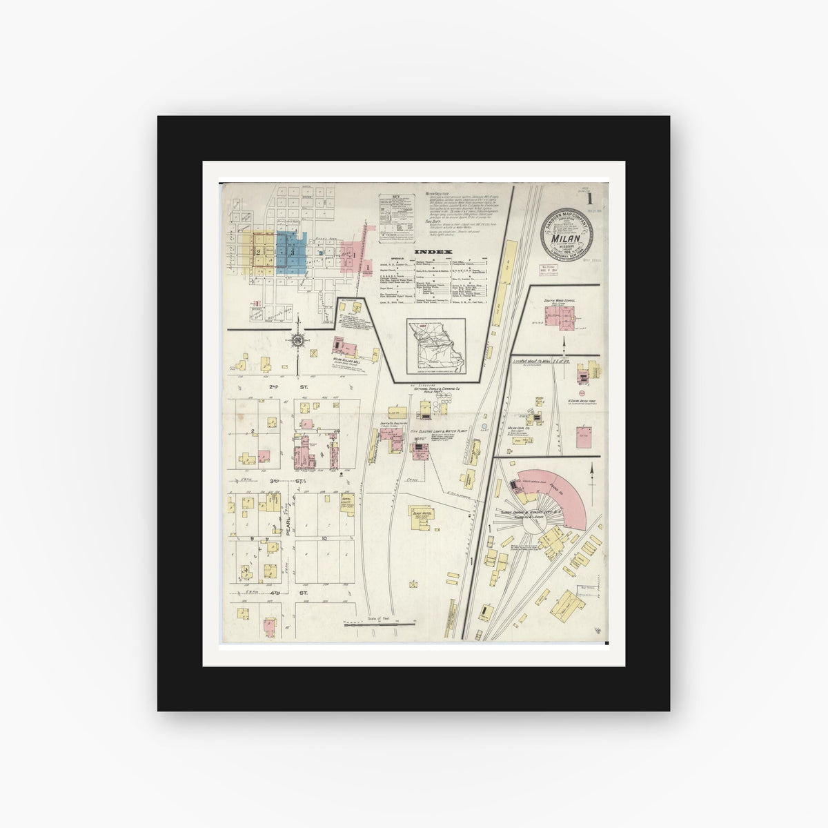 Old map wall art mockup — black gallery frame with white mat — Sanborn Fire Insurance Map from Milan, Sullivan County, Missouri (1914), Sheet #0001