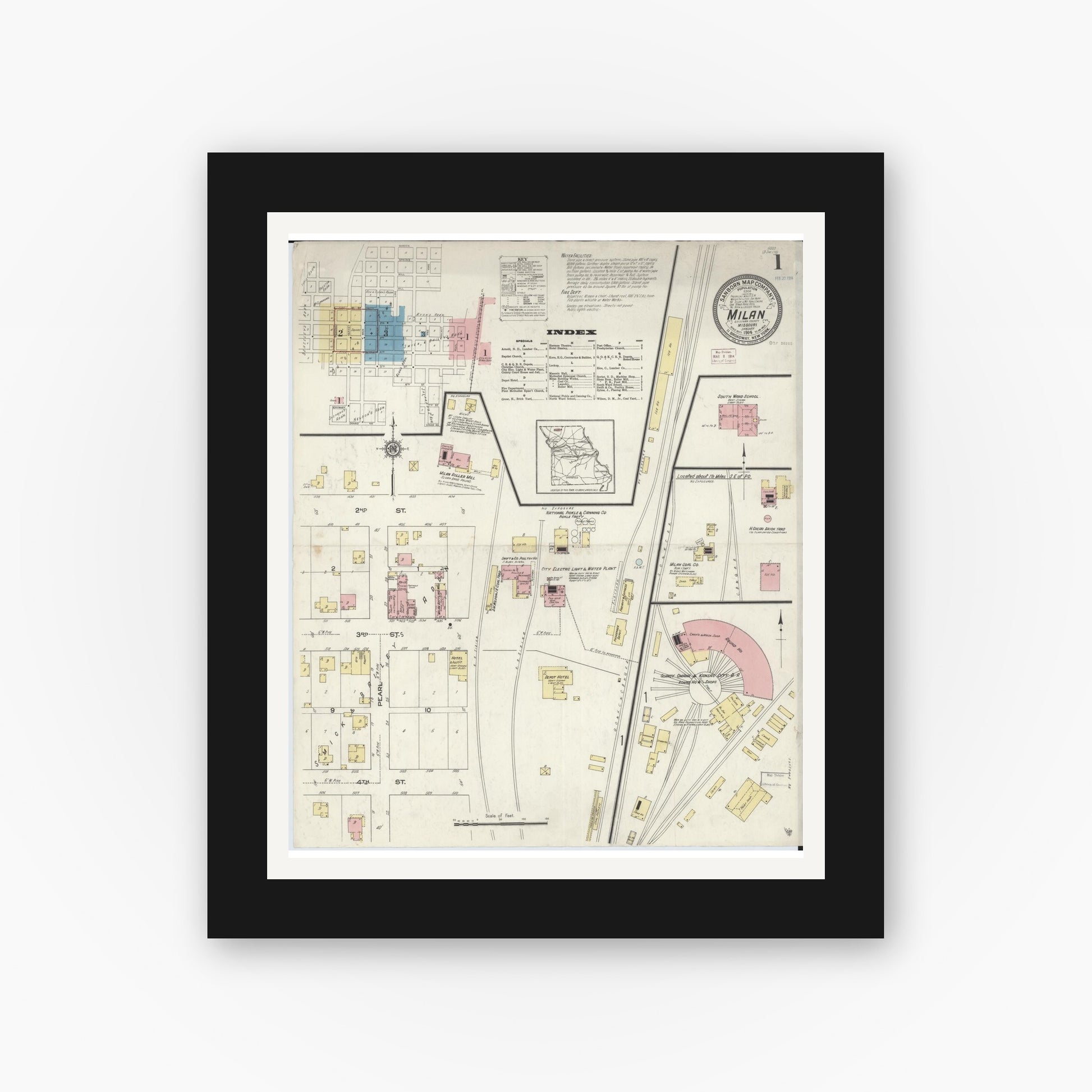 Old map wall art mockup — black gallery frame with white mat — Sanborn Fire Insurance Map from Milan, Sullivan County, Missouri (1914), Sheet #0001