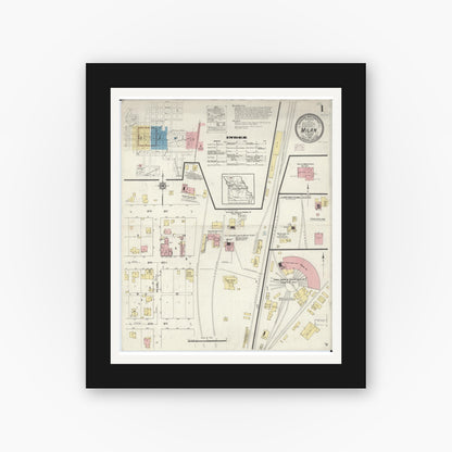 Old map wall art mockup — black gallery frame with white mat — Sanborn Fire Insurance Map from Milan, Sullivan County, Missouri (1914), Sheet #0001