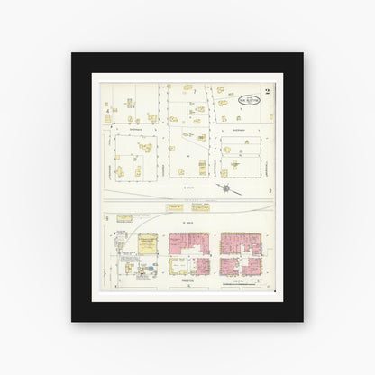 Old map wall art mockup — black gallery frame with white mat — Sanborn Fire Insurance Map from Van Alstyne, Grayson County, Texas (1914), Sheet #0002
