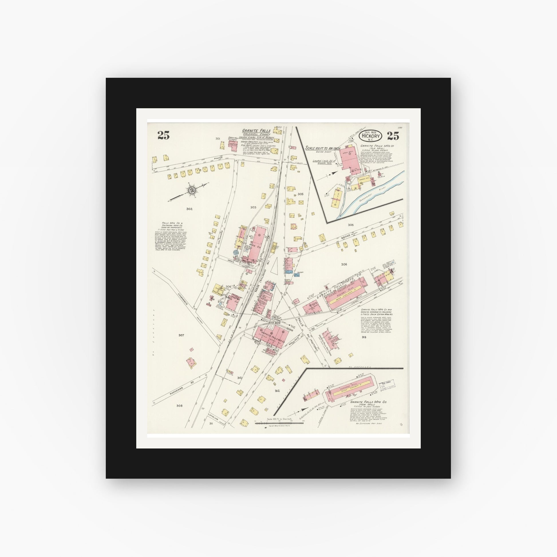 Old map wall art mockup — black gallery frame with white mat — Sanborn Fire Insurance Map from Hickory, Catawba County, North Carolina (1925), Sheet #0025
