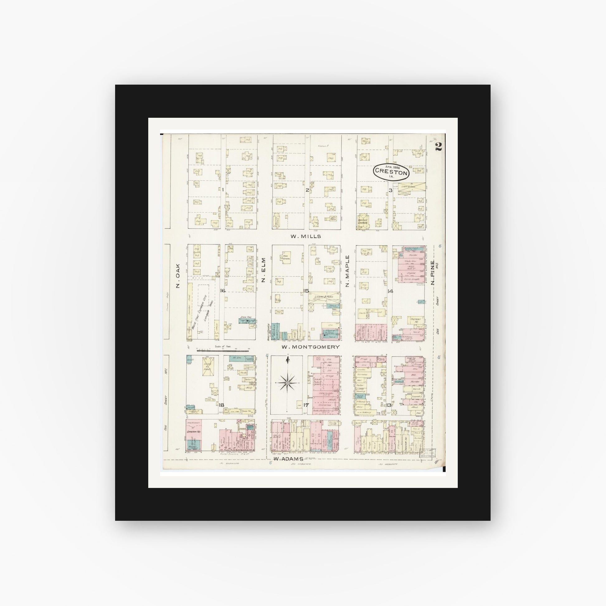 Old map wall art mockup — black gallery frame with white mat — Sanborn Fire Insurance Map from Creston, Union County, Iowa (1886), Sheet #0002