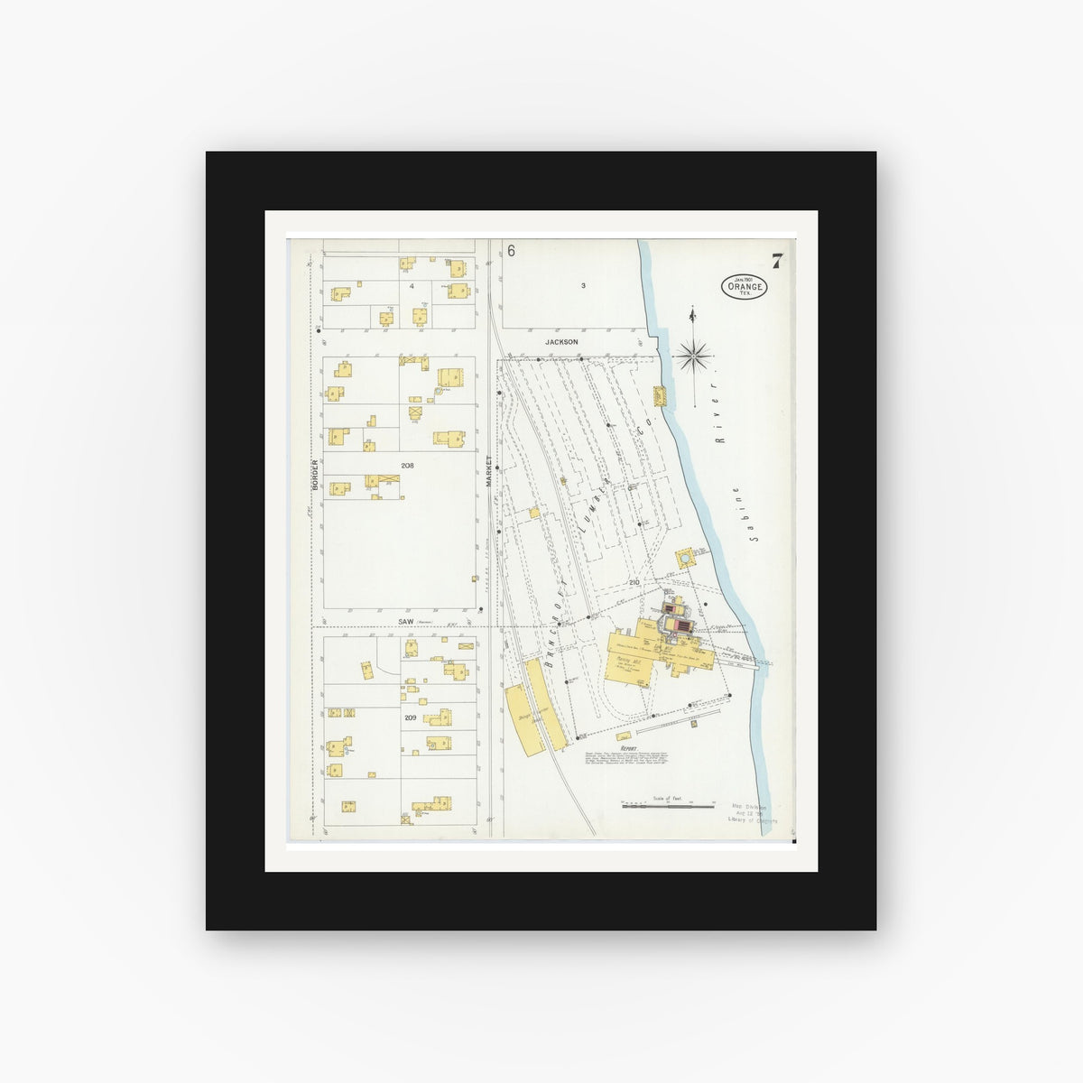 Old map wall art mockup — black gallery frame with white mat — Sanborn Fire Insurance Map from Orange, Orange County, Texas (1901), Sheet #0007