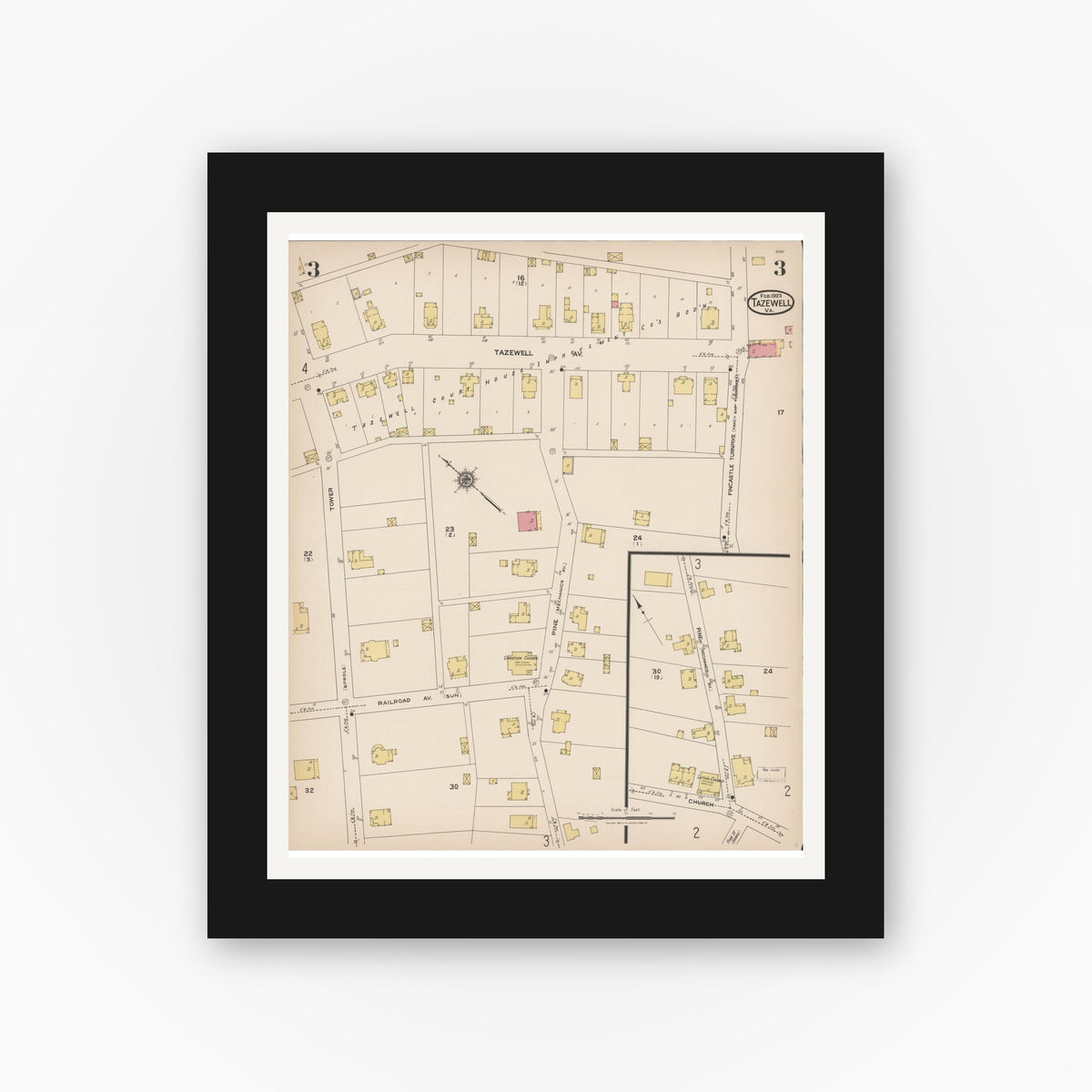 Old map wall art mockup — black gallery frame with white mat — Sanborn Fire Insurance Map from Tazewell, Tazewell County, Virginia (1923), Sheet #0003