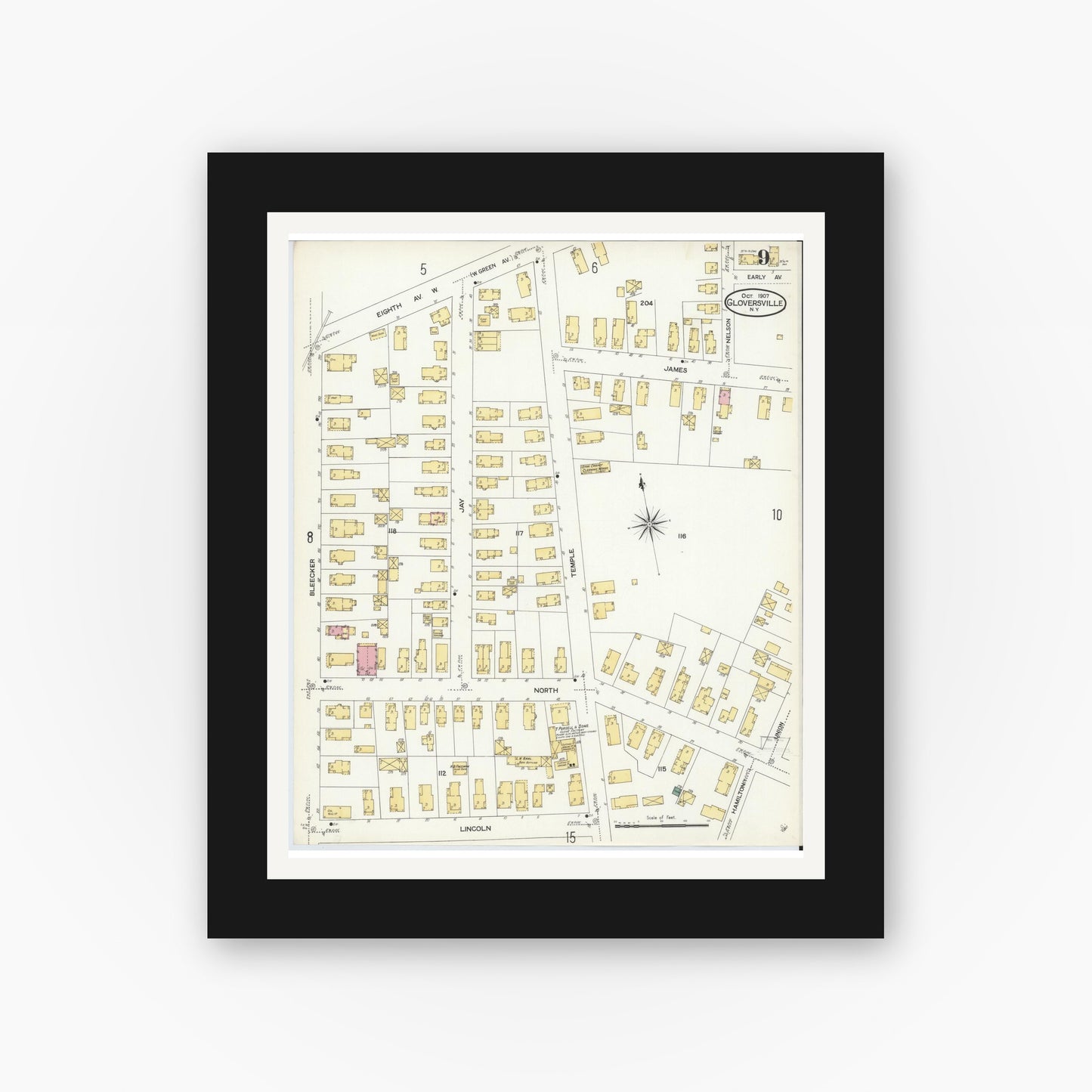 Old map wall art mockup — black gallery frame with white mat — Sanborn Fire Insurance Map from Gloversville, Fulton County, New York (1907), Sheet #0009