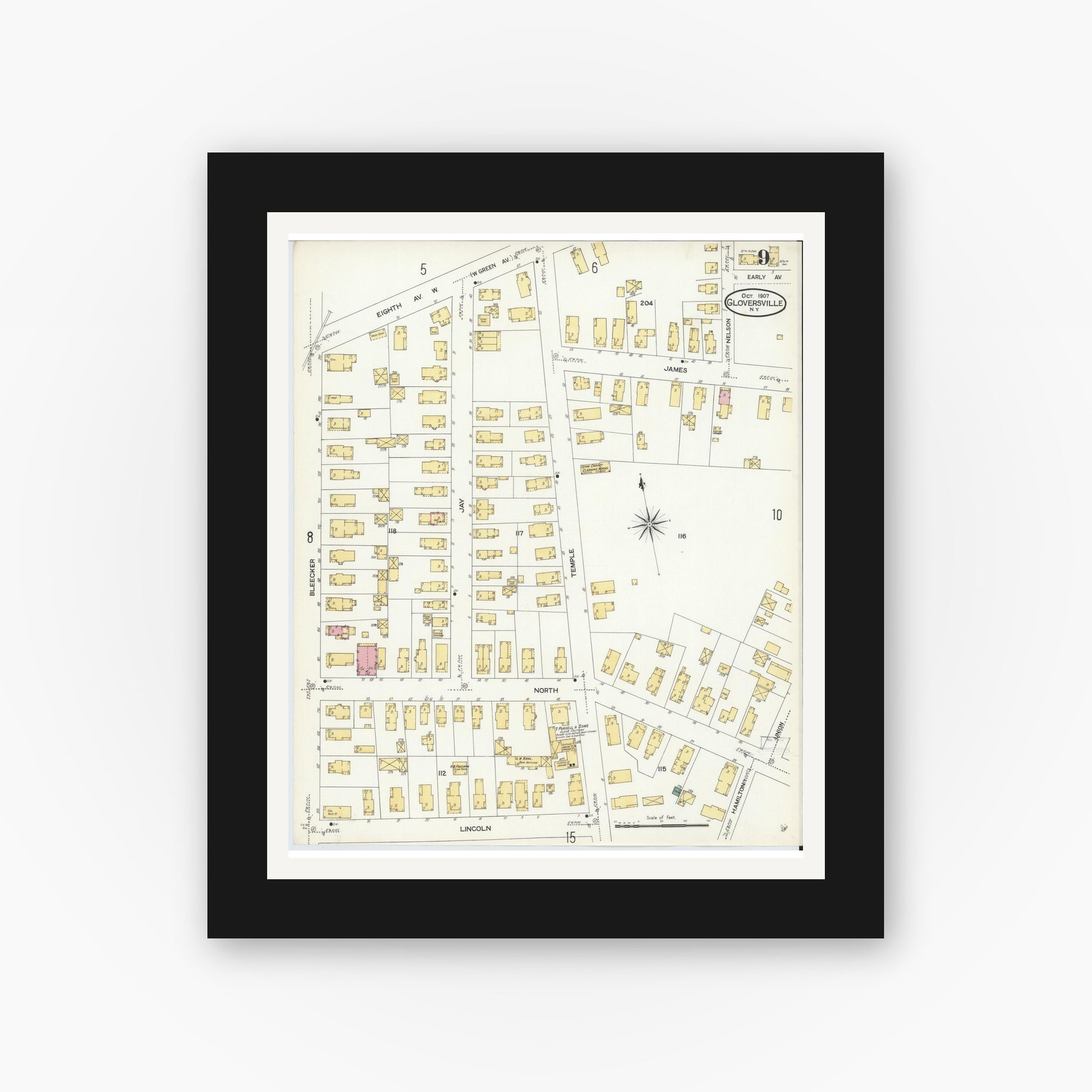 Old map wall art mockup — black gallery frame with white mat — Sanborn Fire Insurance Map from Gloversville, Fulton County, New York (1907), Sheet #0009