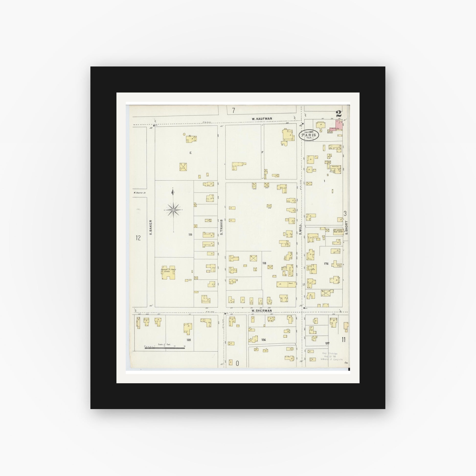 Old map wall art mockup — black gallery frame with white mat — Sanborn Fire Insurance Map from Paris, Lamar County, Texas (1897), Sheet #0002