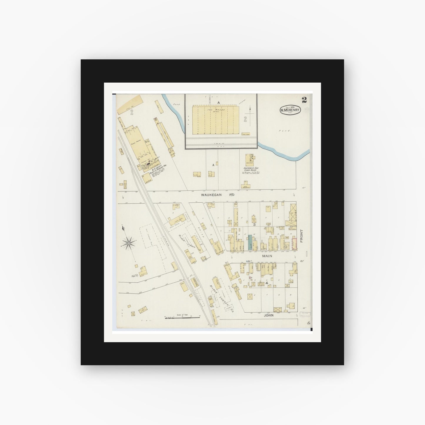 Old map wall art mockup — black gallery frame with white mat — Sanborn Fire Insurance Map from McHenry, McHenry County, Illinois (1893), Sheet #0002