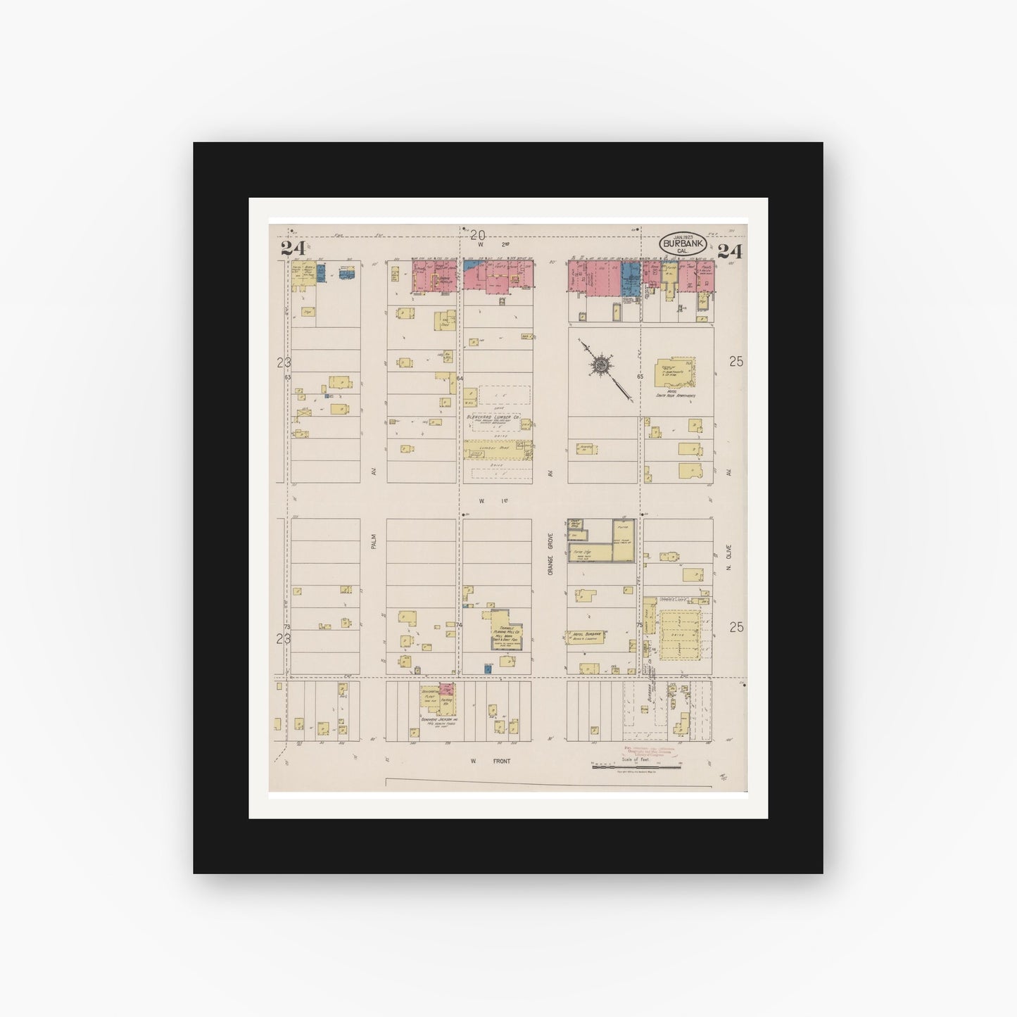Old map wall art mockup — black gallery frame with white mat — Sanborn Fire Insurance Map from Burbank, Los Angeles County, California (1923), Sheet #0024