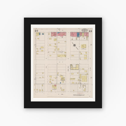 Old map wall art mockup — black gallery frame with white mat — Sanborn Fire Insurance Map from Burbank, Los Angeles County, California (1923), Sheet #0024