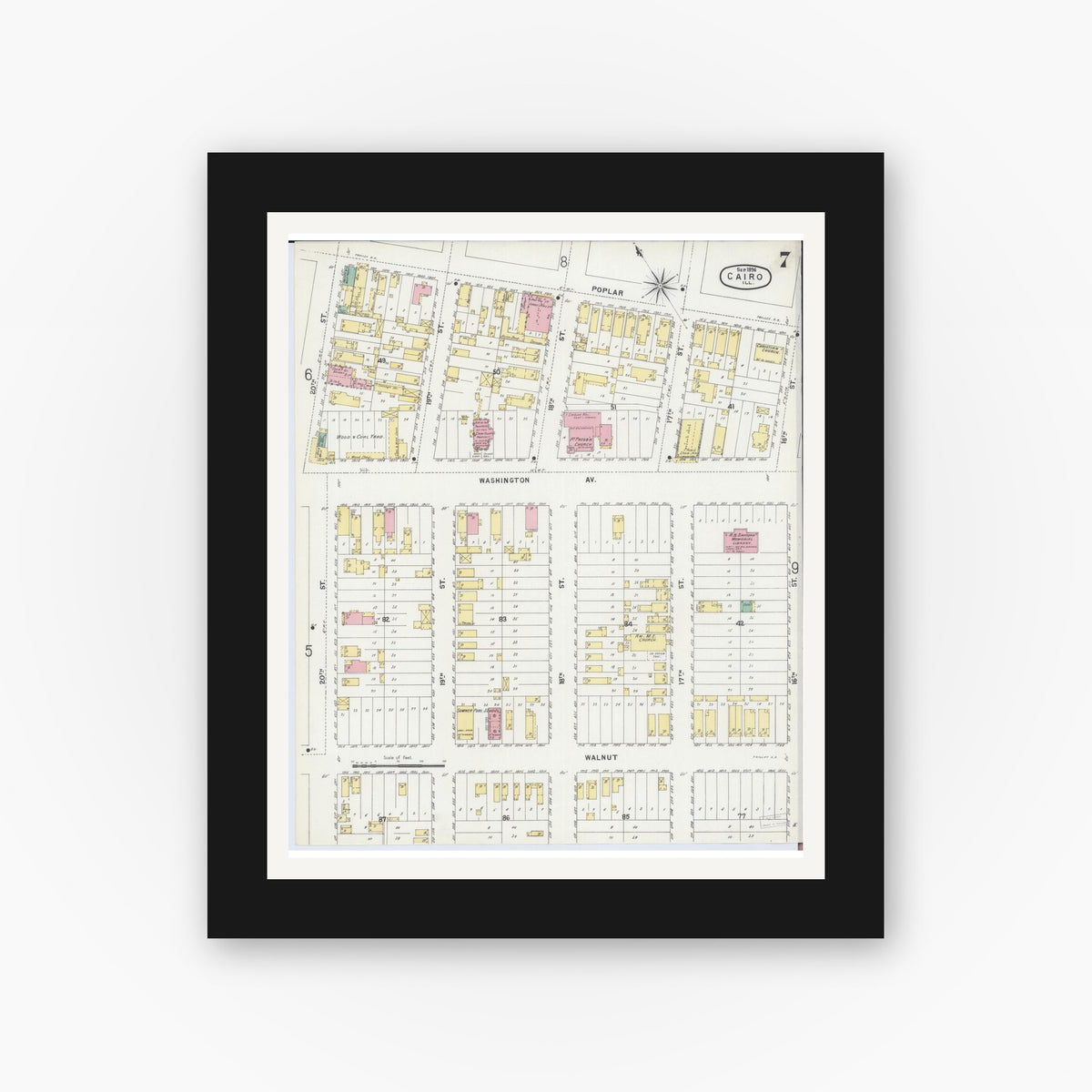 Old map wall art mockup — black gallery frame with white mat — Sanborn Fire Insurance Map from Cairo, Alexander County, Illinois (1896), Sheet #0007