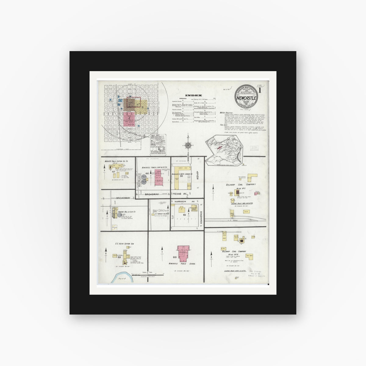 Old map wall art mockup — black gallery frame with white mat — Sanborn Fire Insurance Map from Newcastle, Young County, Texas (1921), Sheet #0001