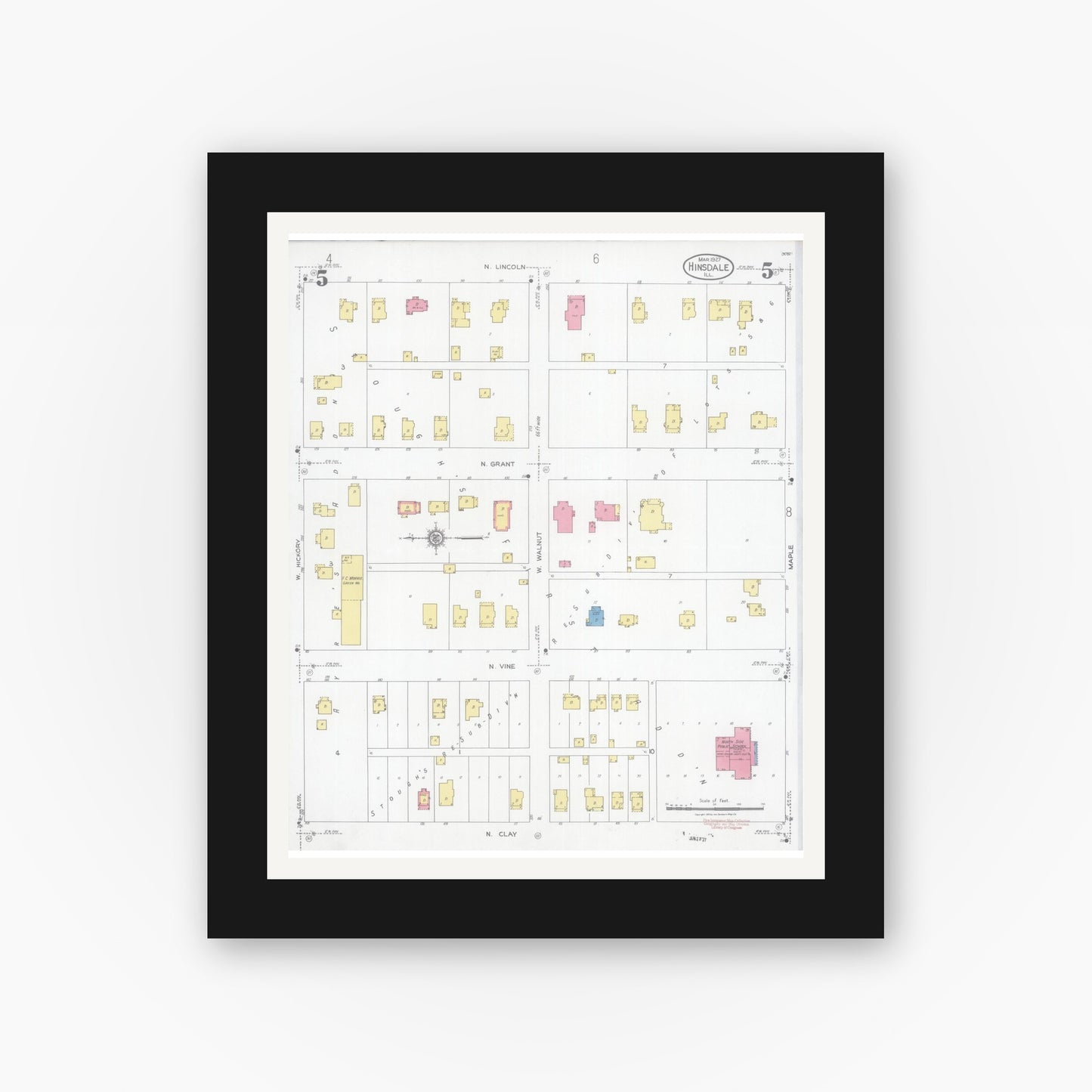 Old map wall art mockup — black gallery frame with white mat — Sanborn Fire Insurance Map from Hinsdale, Du Page And Cook Counties, Illinois (1927), Sheet #0005