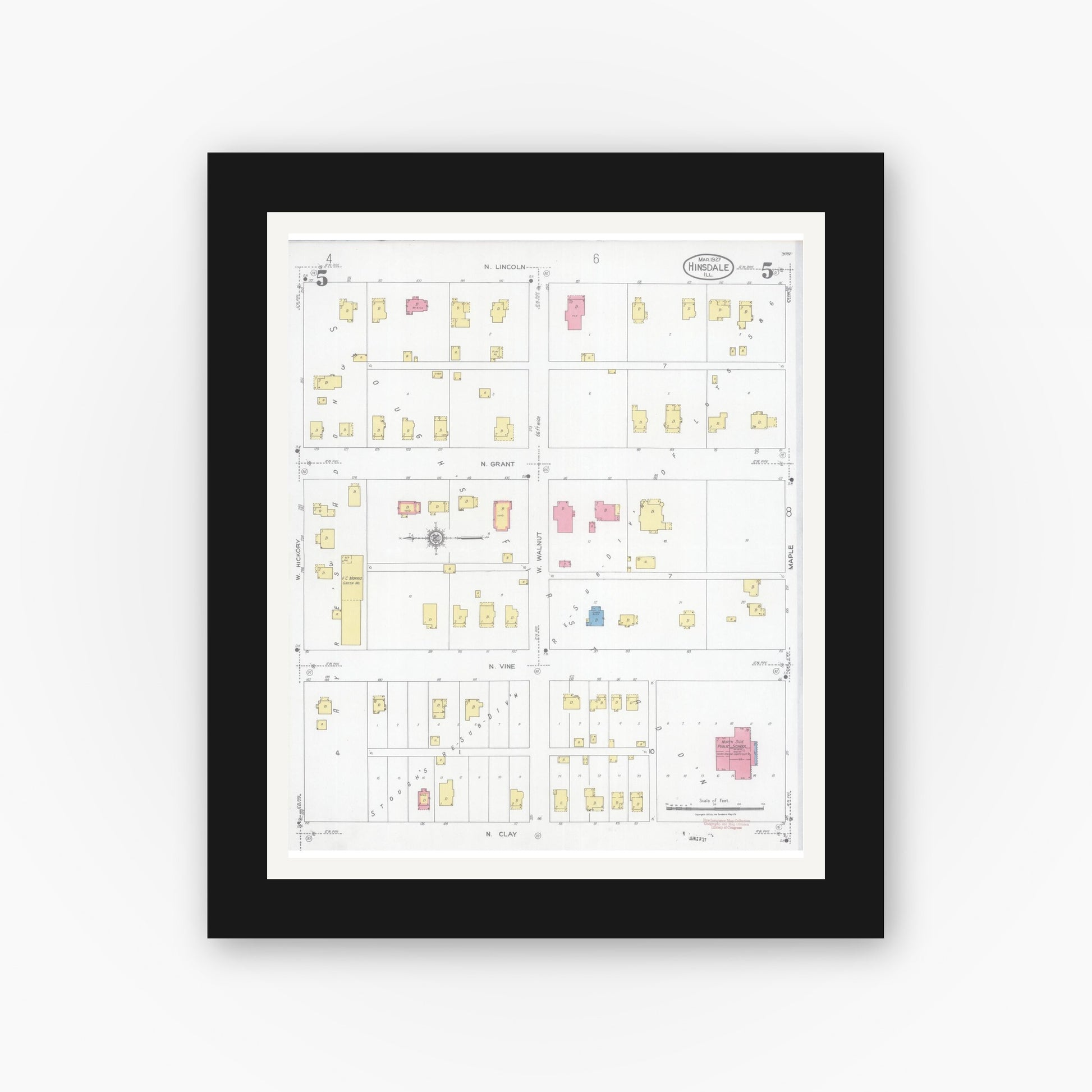 Old map wall art mockup — black gallery frame with white mat — Sanborn Fire Insurance Map from Hinsdale, Du Page And Cook Counties, Illinois (1927), Sheet #0005