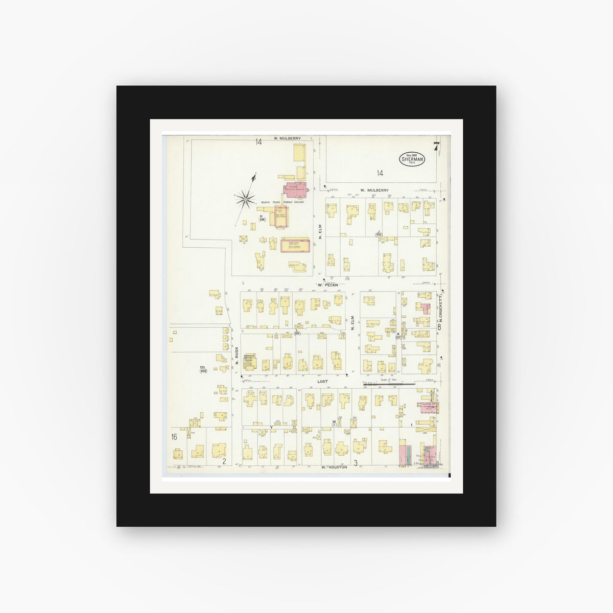 Old map wall art mockup — black gallery frame with white mat — Sanborn Fire Insurance Map from Sherman, Grayson County, Texas (1908), Sheet #0007
