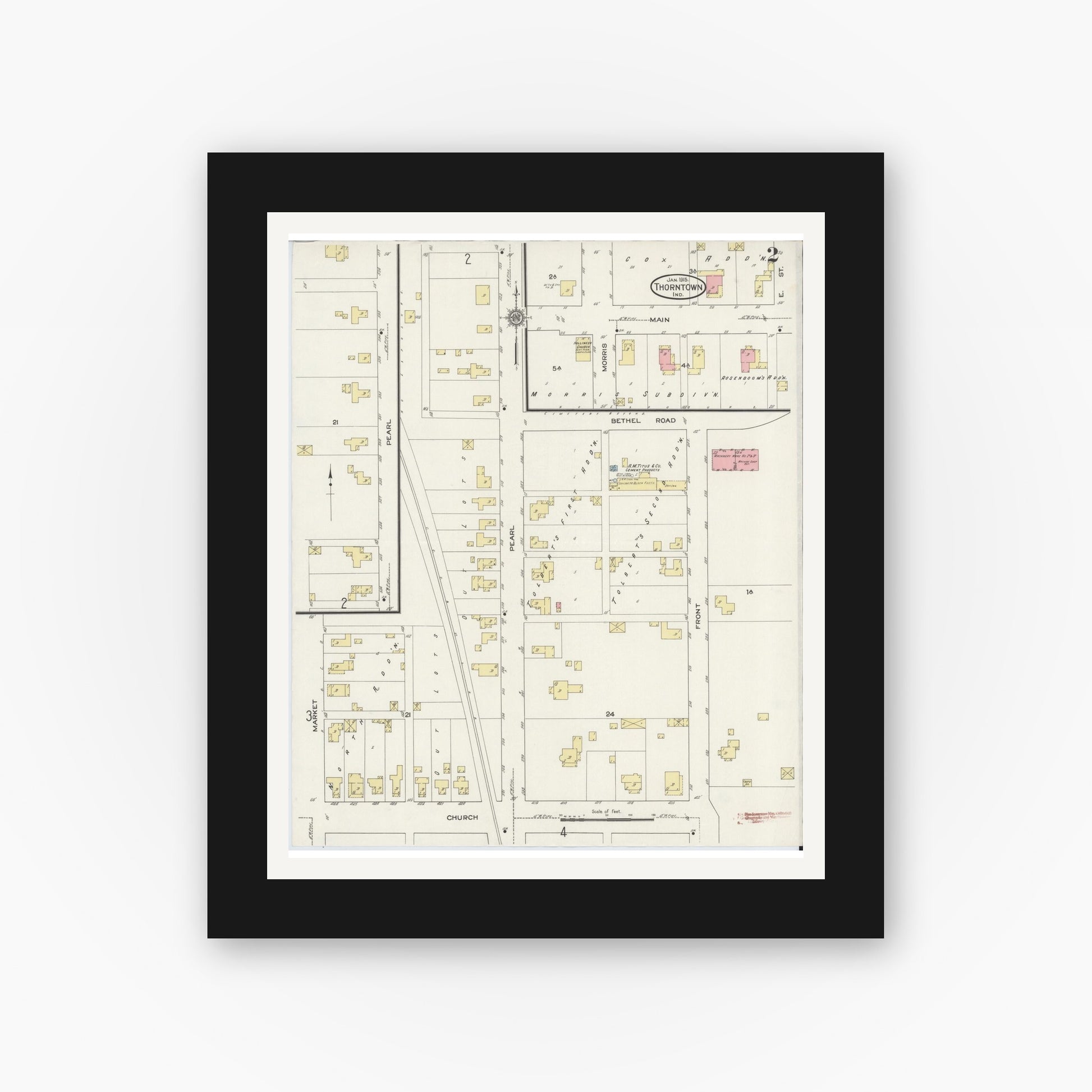 Old map wall art mockup — black gallery frame with white mat — Sanborn Fire Insurance Map from Thorntown, Boone County, Indiana (1915), Sheet #0002