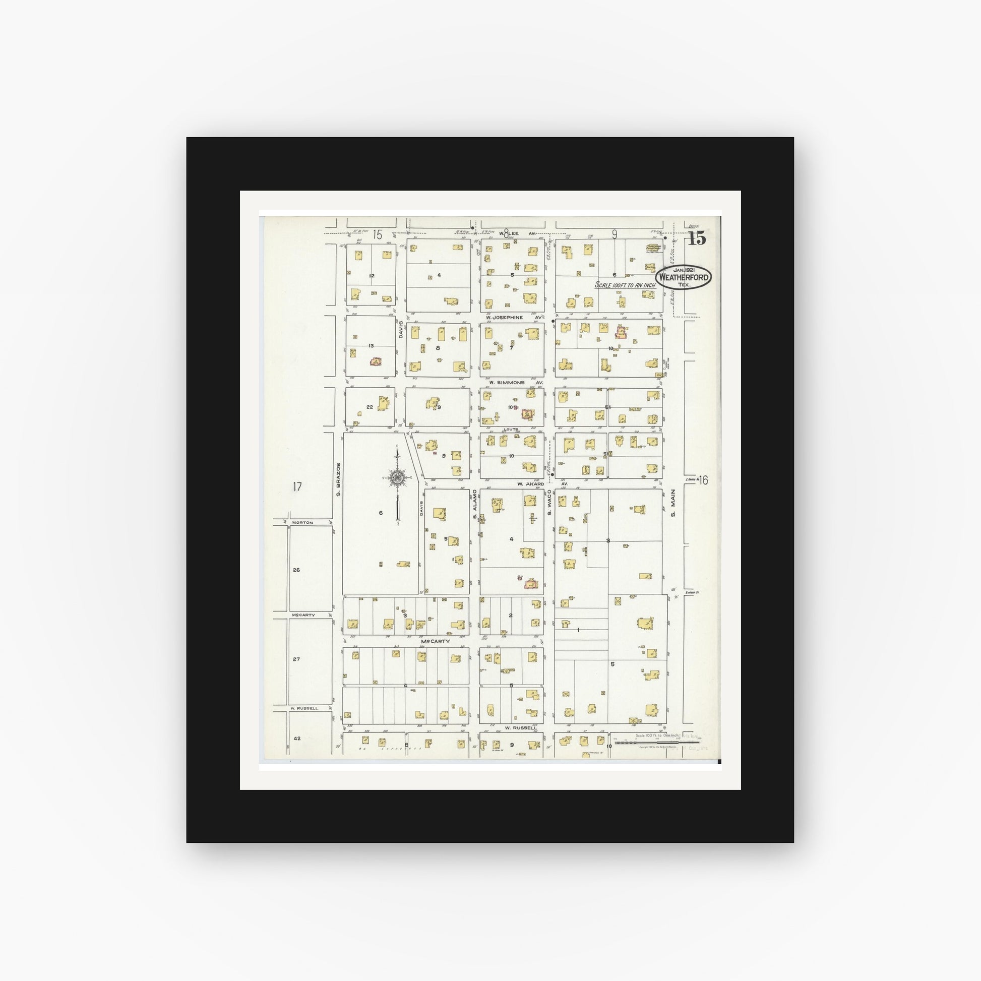Old map wall art mockup — black gallery frame with white mat — Sanborn Fire Insurance Map from Weatherford, Parker County, Texas (1921), Sheet #0015