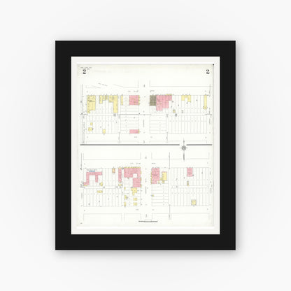 Old map wall art mockup — black gallery frame with white mat — Sanborn Fire Insurance Map from San Juan, Hidalgo County, Texas (1938), Sheet #0002