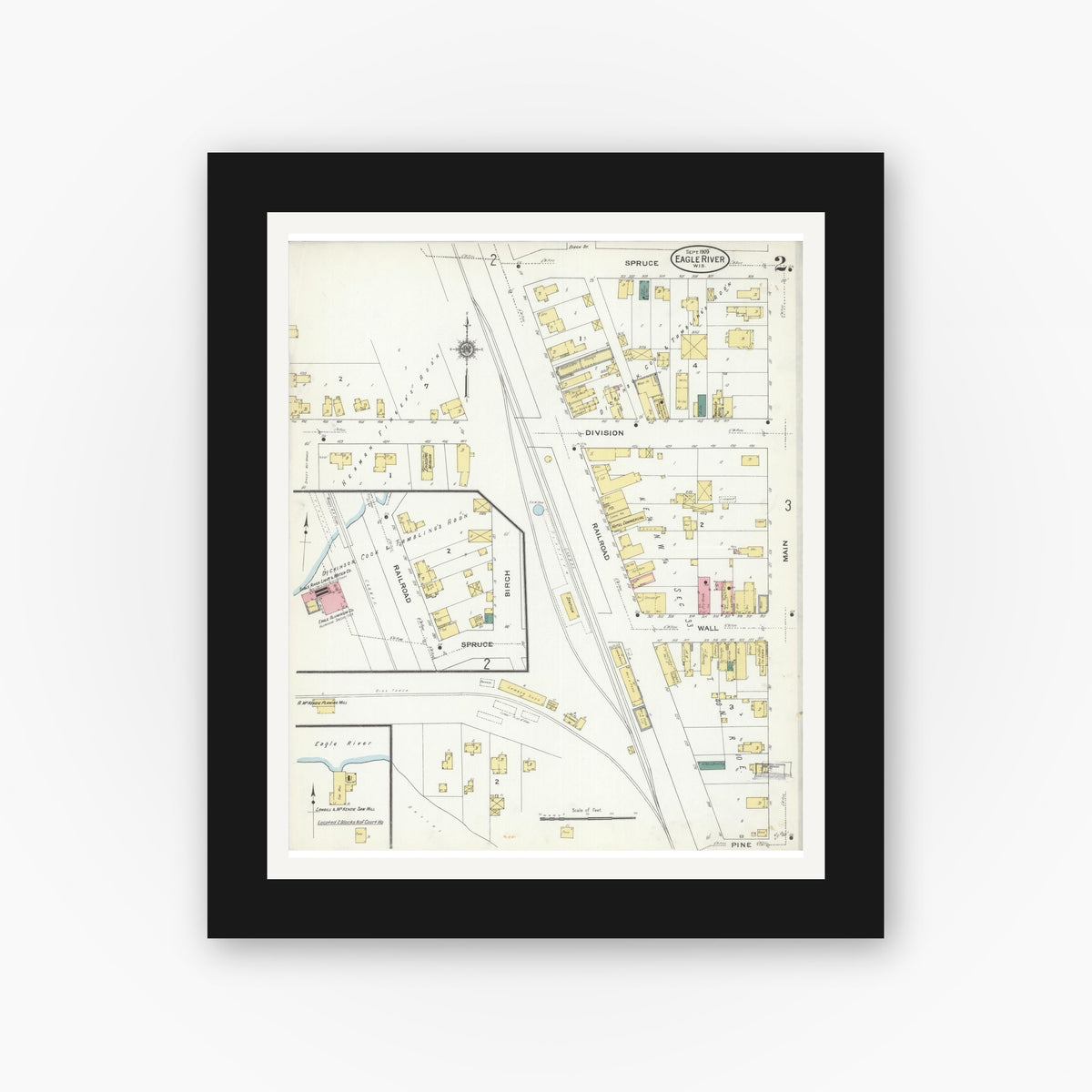 Old map wall art mockup — black gallery frame with white mat — Sanborn Fire Insurance Map from Eagle River, Vilas County, Wisconsin (1909), Sheet #0002